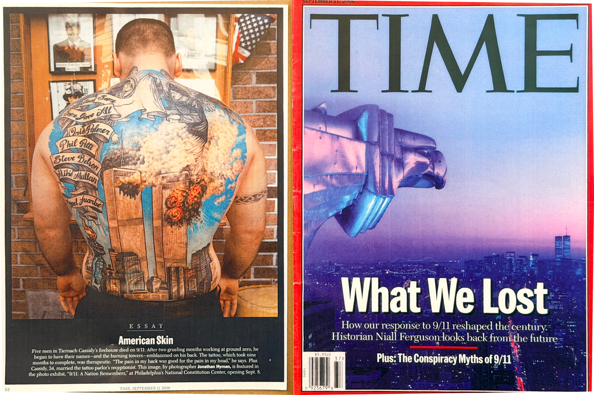 Time Magazine essay page featuring Jonathan C. Hyman's photograph of a firefighter's 9/11 memorial tattoo, next to the September 11, 2006 'What We Lost' cover