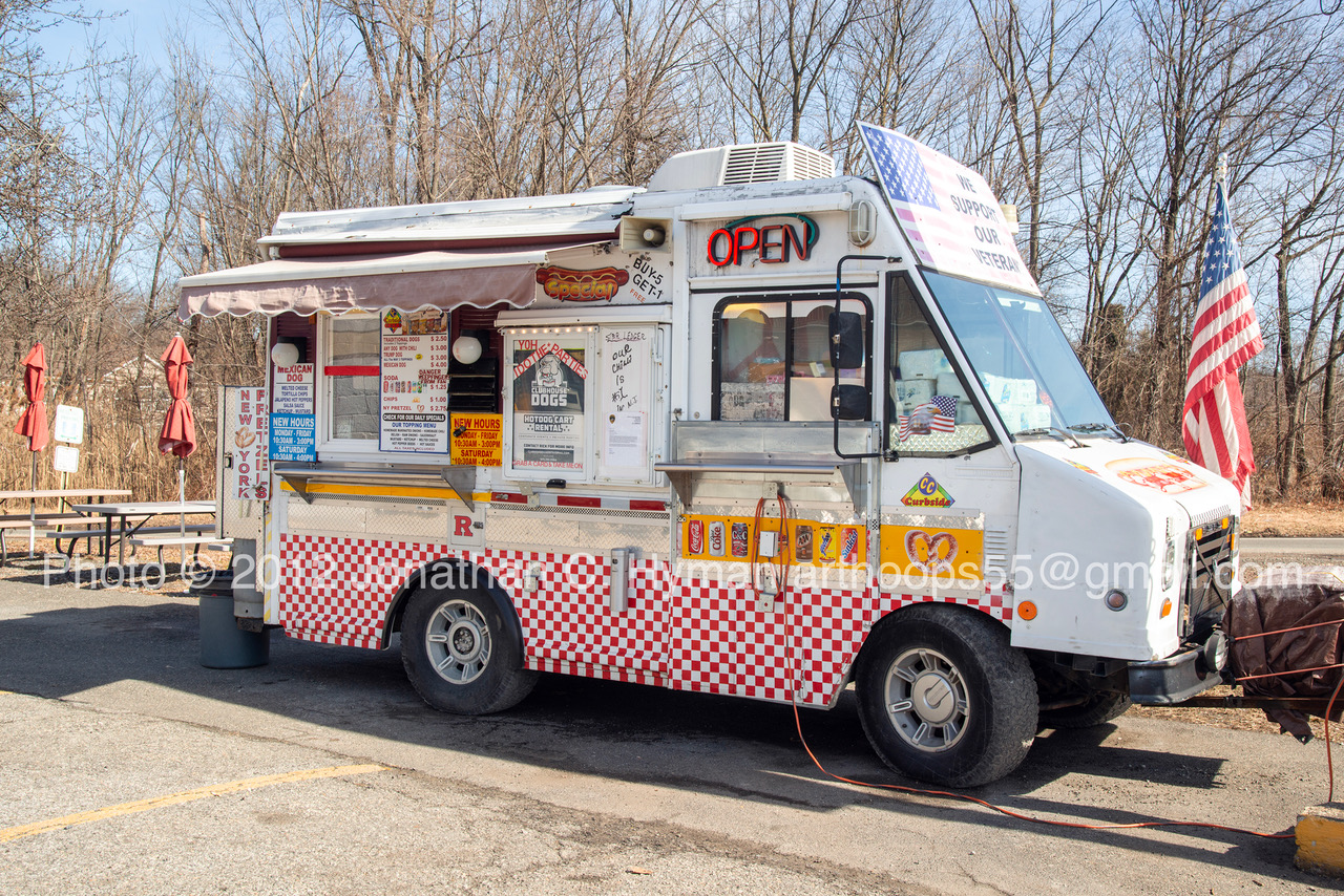 Checkerboard hot dog truck with neon Open sign and American flags at a New Jersey roadside